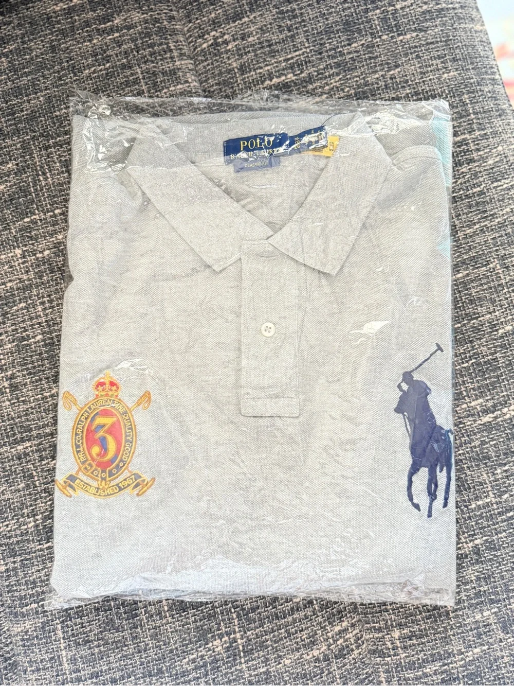 Ralph Lauren Light Gray Polo with Navy Pony & Multicolor Crest size XL